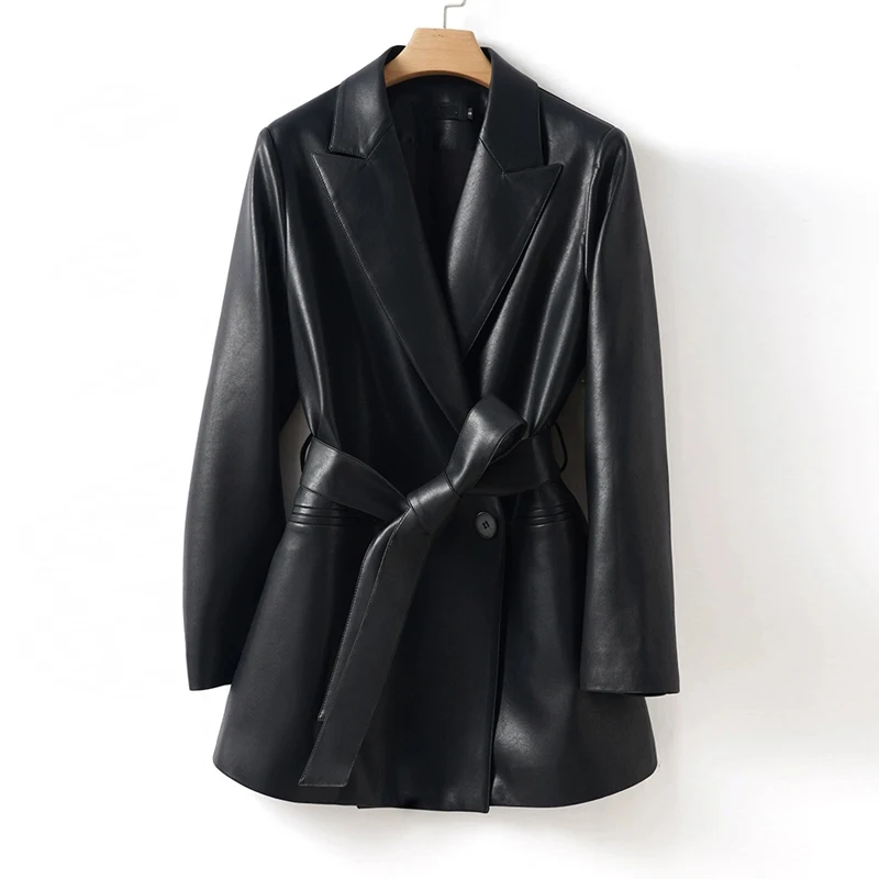 2025 New Women's Split Sheepskin Blazer Jackets Fashion Office Ladies Chic Single Button Lace-up Belt Casual Slim Leather Coats