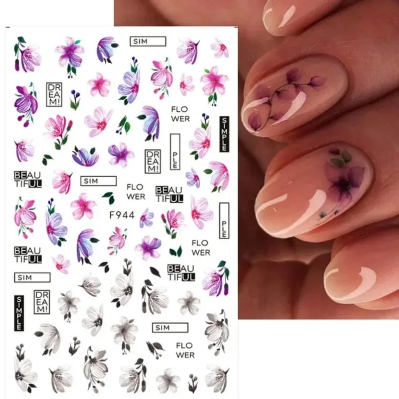 Colorful Flower 3D Nail Stickers Green Leaf Floral Daisy Spring Nail Art Water Decals Sliders Manicure Butterfly Nail Tips Decor