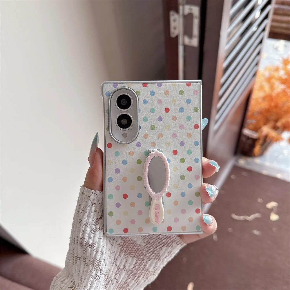 Ins color polka dots Mirror Phone Case For Samsung Galaxy Z Fold 8 7 6 5 4 Fold 8 Ultra With Leather Wrist Lanyard 3D Stand