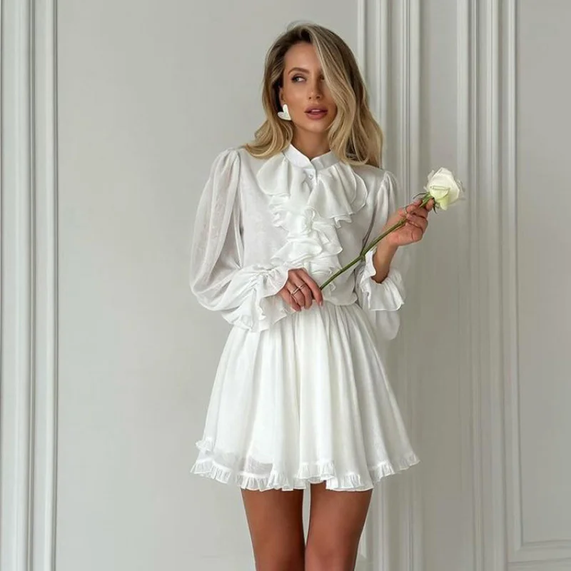 

French Style Elegant Short Dress for Women with Ruffled Stand Collar, Long Sleeves, and Elastic WaistALine skirt