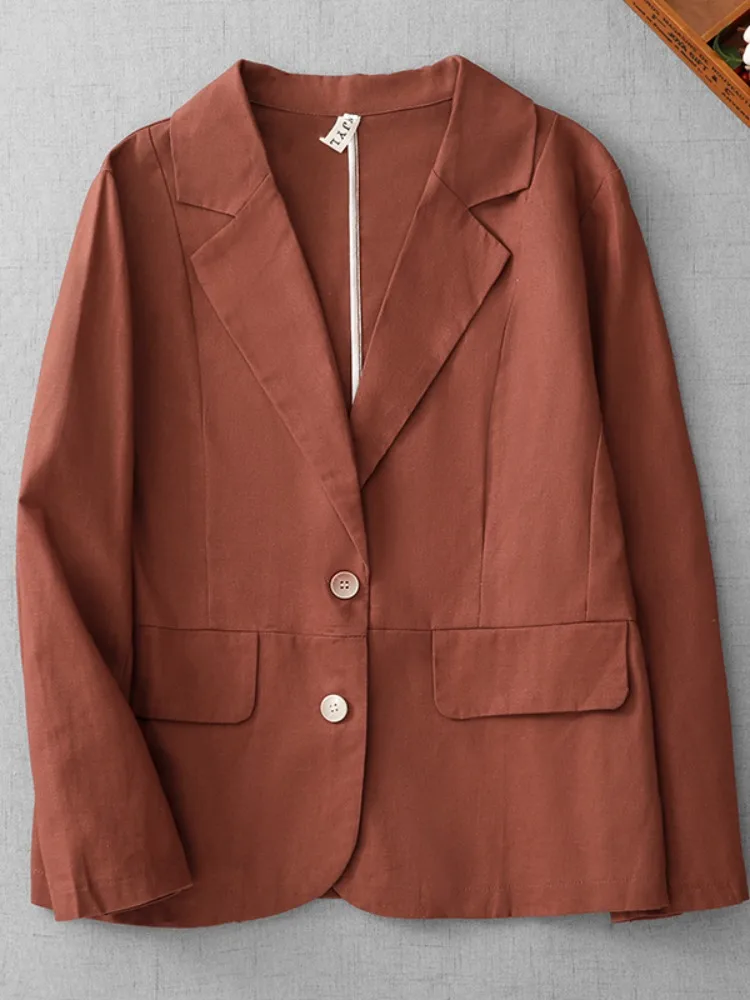 Elegant Pure Color Linen Suit Jacket Women's Long Sleeve Casual Cotton Linen Open Cardigan Top Spring Fashion Outerwear