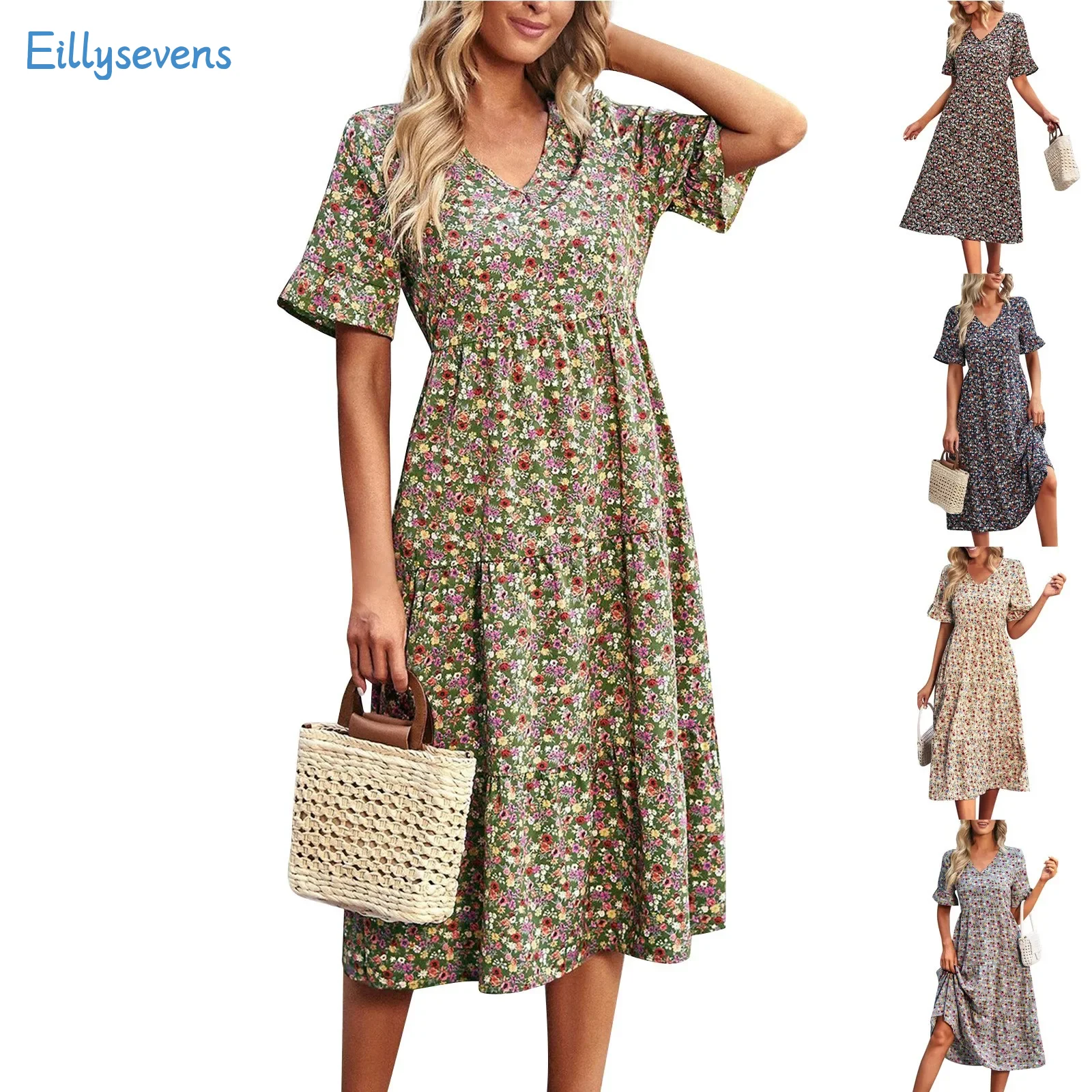 فستان نسائي كلاسيكي بأكمام قصيرة ورقبة على شكل حرف V ، منتجع ترفيهي صيفي ، تاريخ يومي ، كل المباريات ، فستان زهور ، اتجاه الموضة
