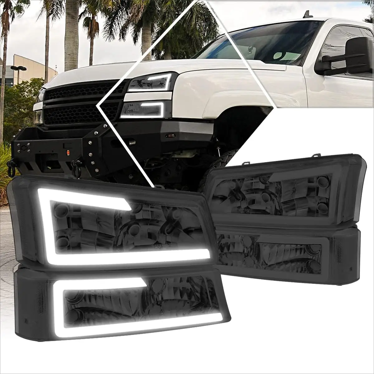 

[Набор из 4 шт.] Светодиодные фары DRL + бамперные лампы, совместимые с Chevy Silverado Avalanche 03-07 гг., хромированный корпус/дымчатые линзы/прозрачная кукуруза