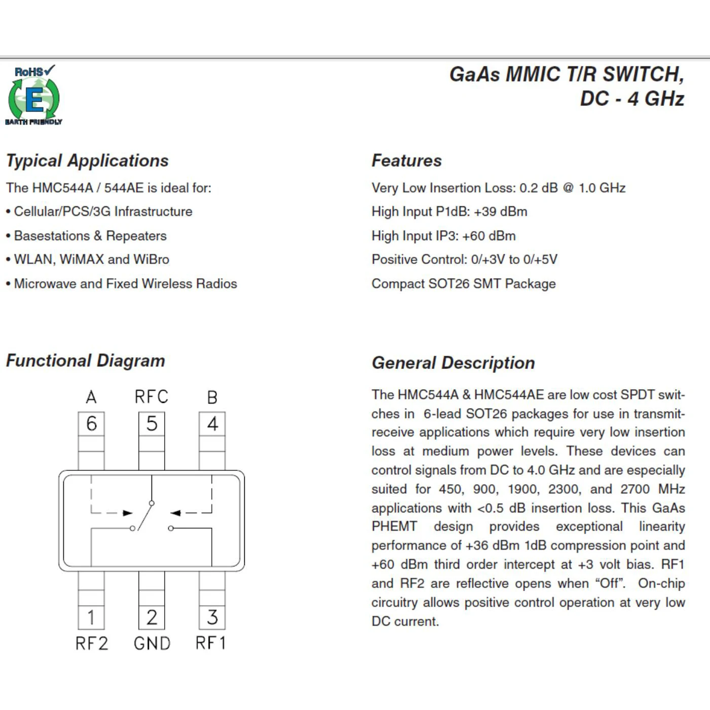 HMC544 RF Switch Module Single throw Switch High Input+39dBm3-5V Control Ham Wireless Amplifier