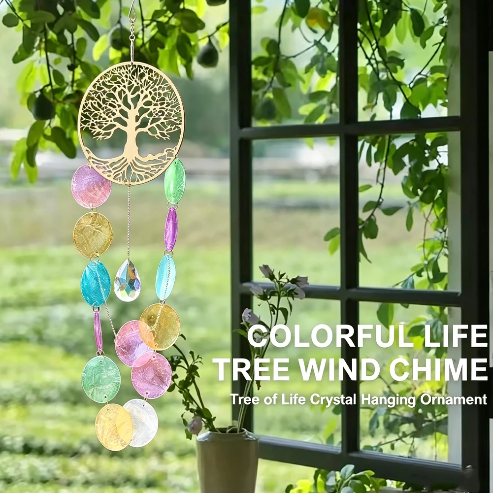 Gold Tree of Life Crystal Wind Chime 50cm 82g Capiz Shell K9 Prism Rainbow Maker Window Hanging Boho Garden Decor Gift