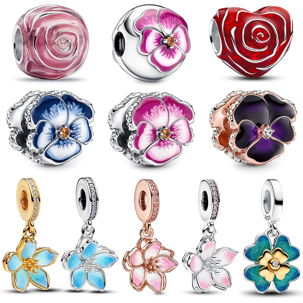 Romántico Plata de Ley 925 con cuentas de flores coloridas florecientes, abalorio de trébol de cuatro hojas, compatible con Pulsera Original, joyería DIY para mujer