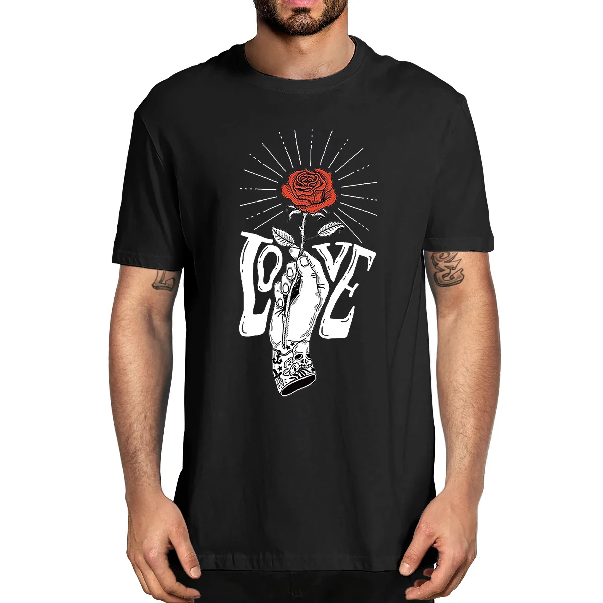 Unisex 100% cotone mano con una rosa amore Tee Trend Retro Formens T-shirt da uomo estiva Casual Streetwear Harajuku donna morbida Tee