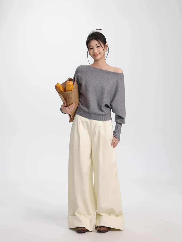 Off Shoulder Long Sleeve Sweater Autumn New Skew Collar Loose Pullover Knitted Tops Women Casual Solid Color Knitwears