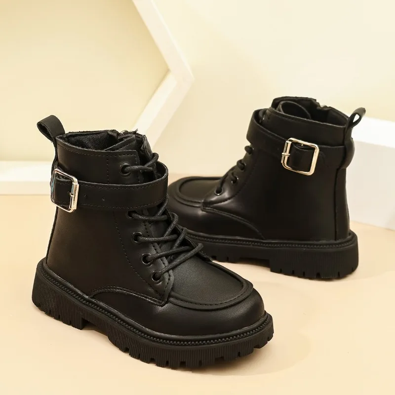 Girls Short Boots Black Matte Kids Leather Boots Side Zipper Soft Sole 2026 Brand New Children Ankle Boots Non-slip
