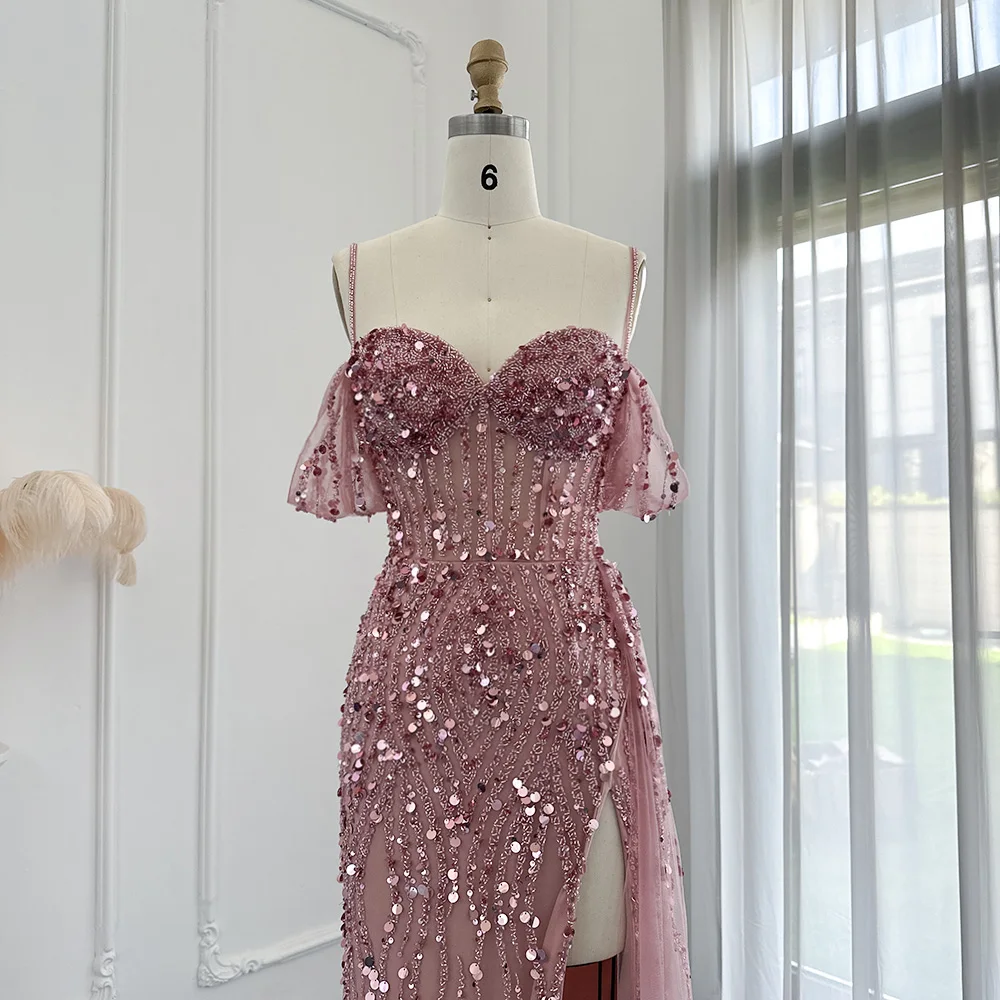 Sharon Said Luxury Dubai Pink Sirena Abiti da sera Matrimonio Cinghie per spaghetti Fessura Blu Abiti da cerimonia per feste SS356 Personalizzato