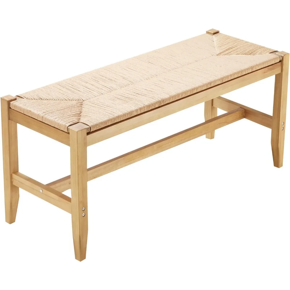 

Rattan Bench, Wooden Rattan Bench, Entrywway Bench with Oak Wood Legs, Bedroom End of Bed Boho Bench