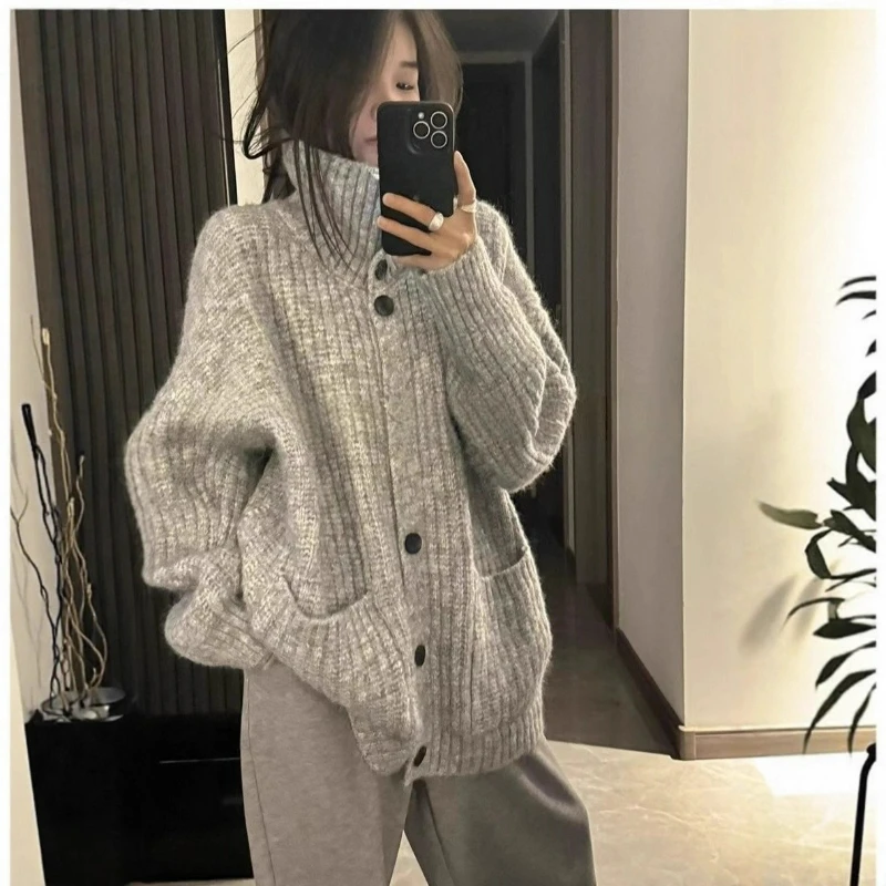 

Корейский женский свитер, пальто, осень-зима, новая коллекция, высококачественный свободный стиль с откидной спиной, вязаный кардиган большого размера с лацканами, топ