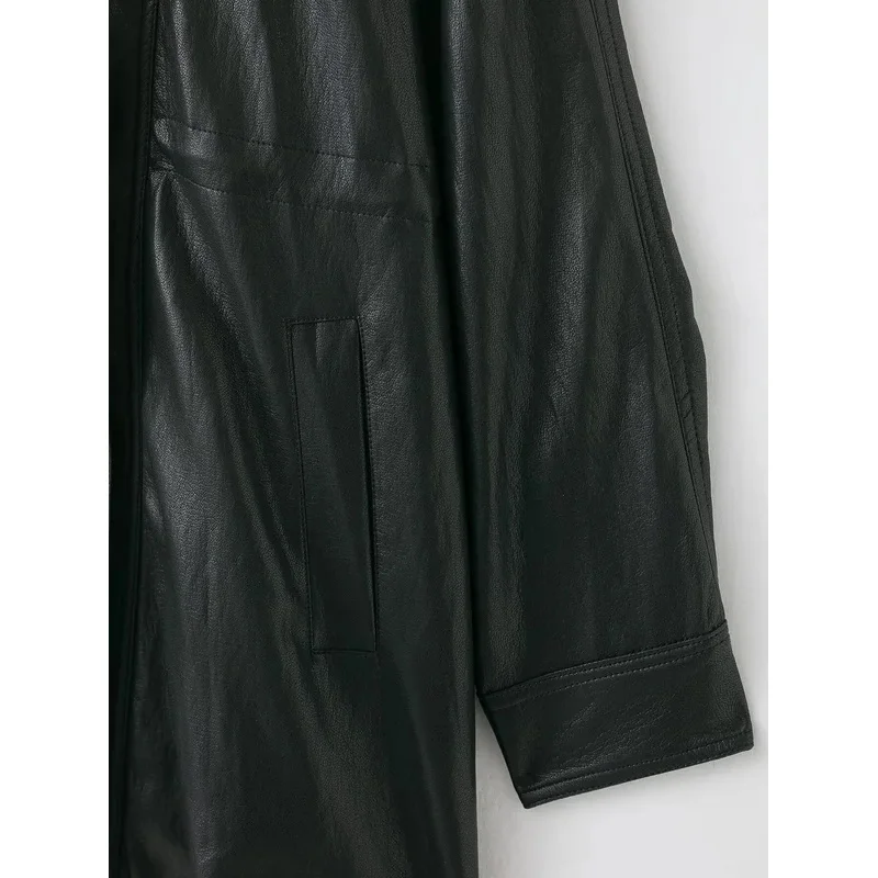 شتاء جديد أزياء المرأة الرجعية نمط المال القديم الوقوف طوق كم طويل بولي Leather سترة جلدية معطف متوسط الطول