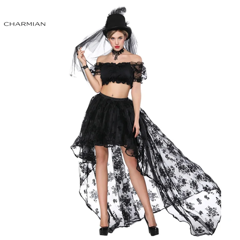 Charmian Women's Sexy Gothic Sets Off Shoulder Floral Lace Ruffled Crop Top High Waist Elastic High Low Skirt Wedding Party Set