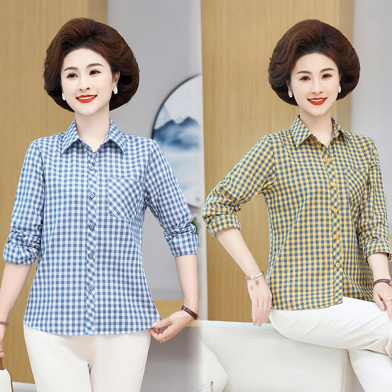 

Cotton Long Sleeve Shirt for Middle-Aged Mothers Spring Autumn Winter Plaid Pattern Casual Loose Fit Women's Shirt