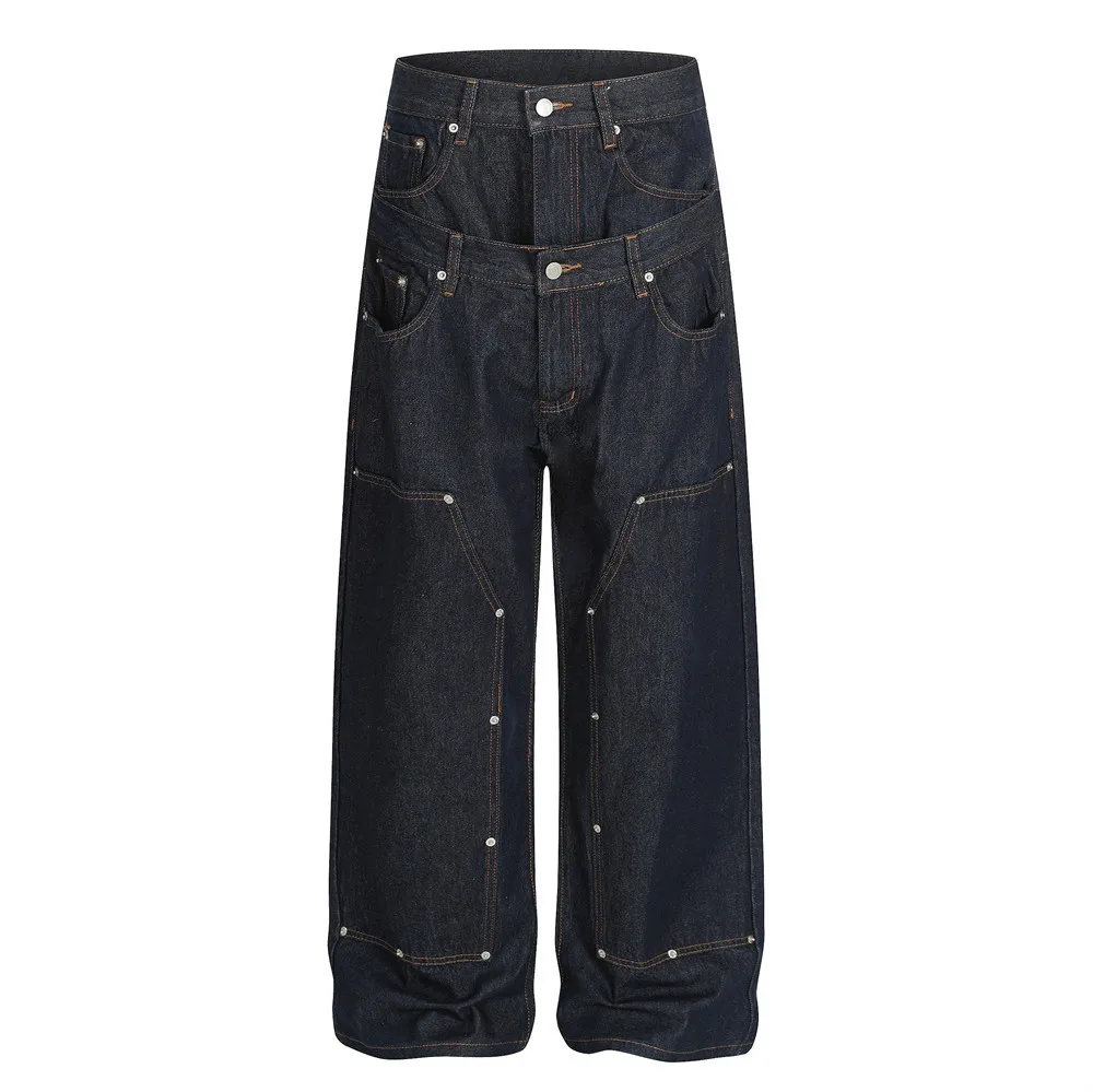 Straight-leg Trousers False Two-piece Spliced Double Waist Jeans Men Fashionable Personality Loose Casual Spring Autumn