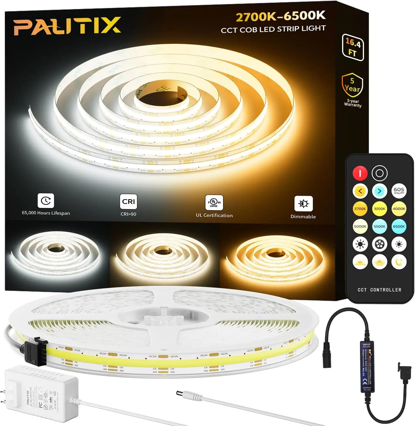 PAUTIX 5M CCT pasek COB LED zestaw oświetleniowy DC 24V z możliwością przyciemniania 2700K-6500K 640LEDs RA90 o wysokiej gęstości RF17 klucze kontroler EU US wtyczka UK