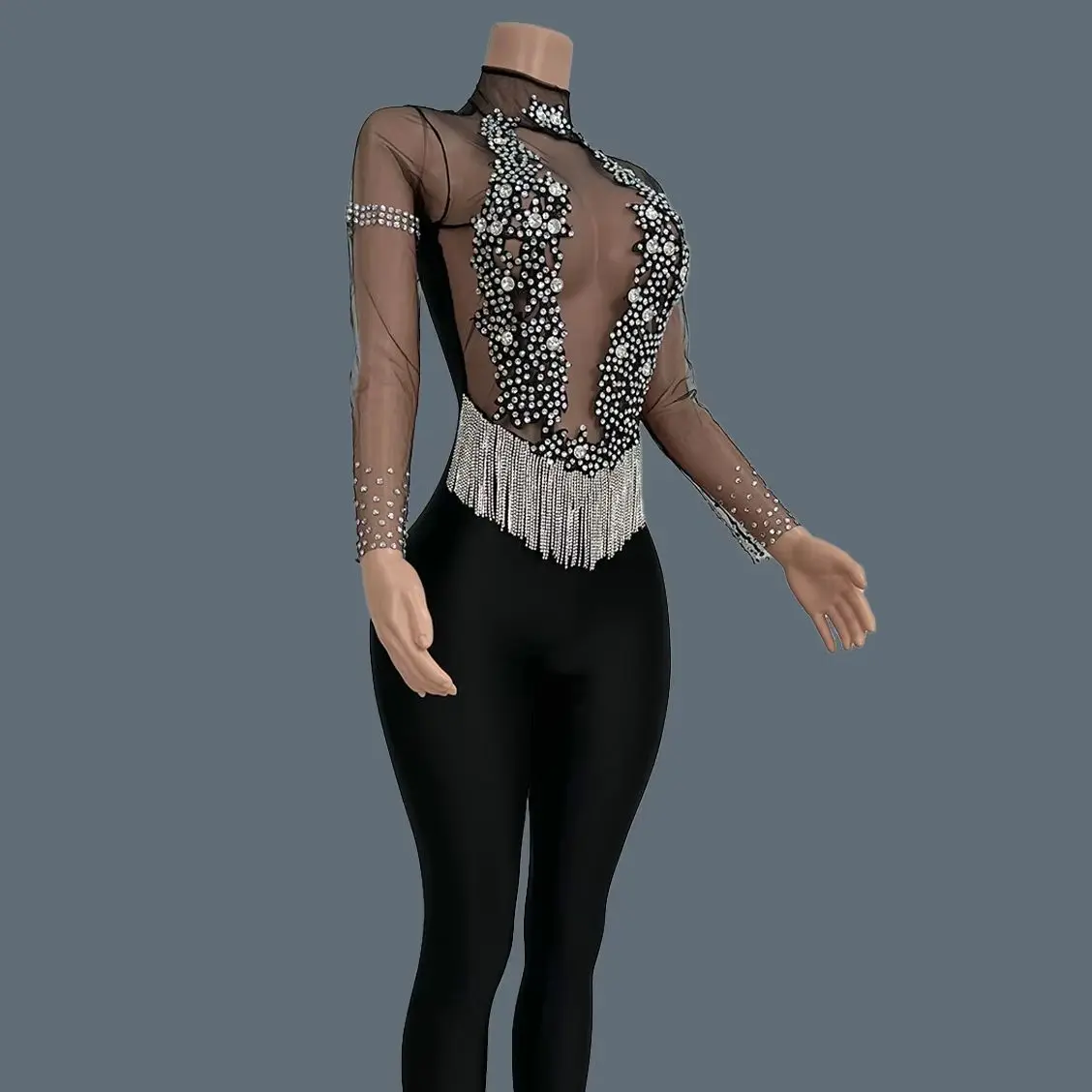 Women's Sexy Black Performance Outfit Diamonds Fringes Mesh Jumpsuit for Women Bar Nightclub Stage Performance Rompers Ditie