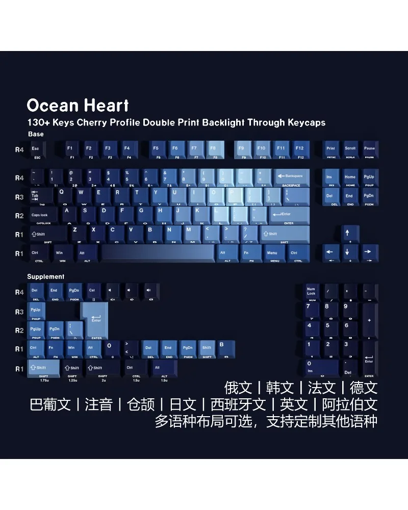 

Ocean double engraving light transmission Pbt original full set of keycaps Korean Russian German Western grammar Arabic