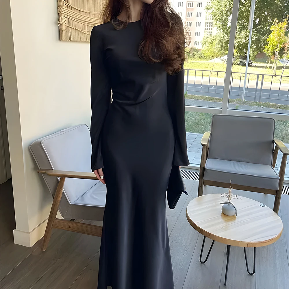 Elegant Pure Color Long-Sleeved French Dress round Neck Waist Design New European And American Style Women's Dress