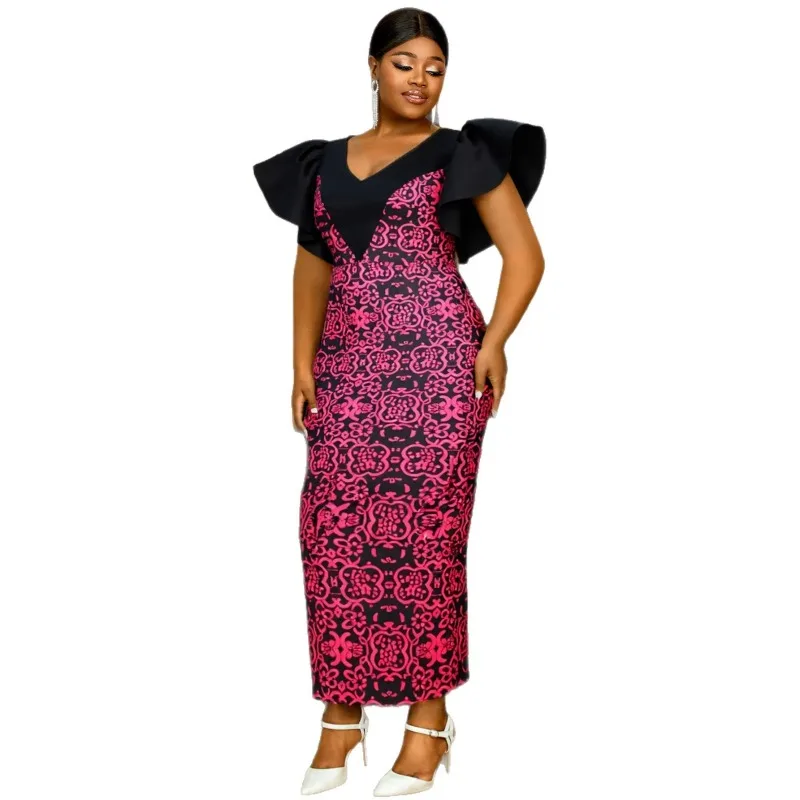 

L-4XL Plus Size African Dresses for Women Elegant Spring 2026 Short Sleeve V-neck Polyester Party Evening Bodycon Long Dresses