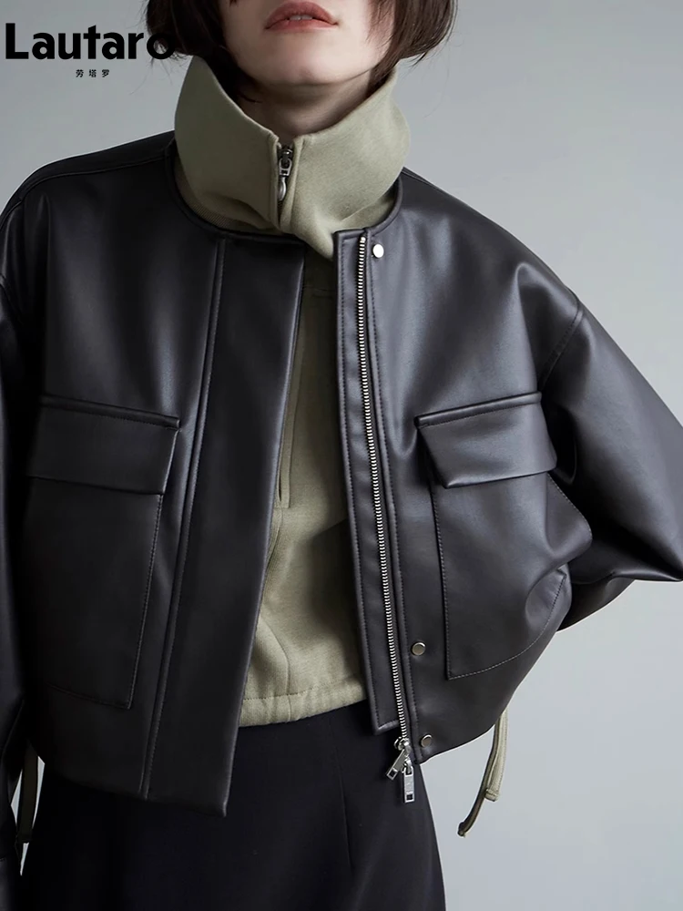 Lautaro Autumn Cool oversize krótki czarny miękkie kurtka ze skóry sztucznej kobiety z przednie kieszenie luksusowy projektant odzieżą z długim rękawem