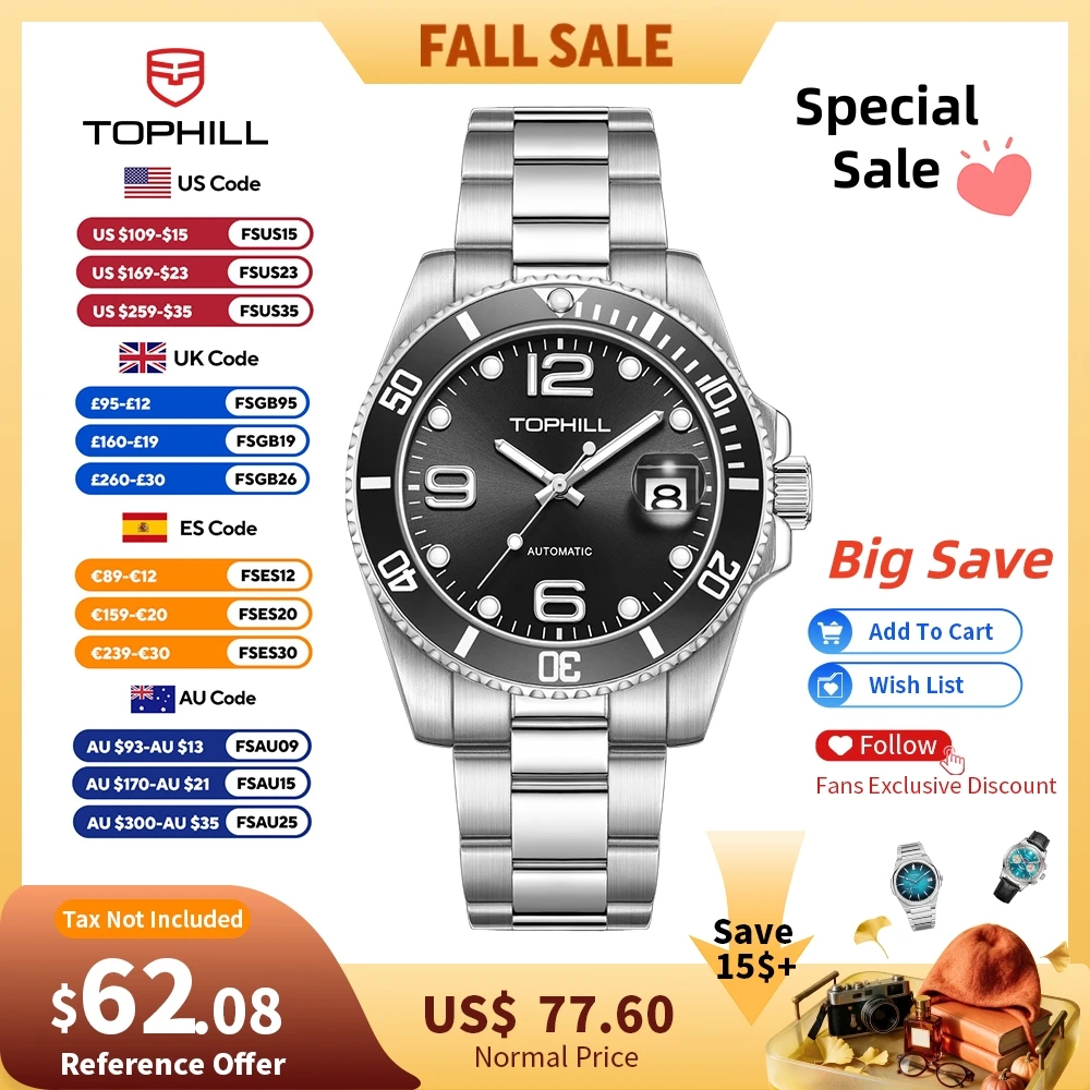 TOPHILL Herrenuhren Automatik 40mm Dandong 2820 Aluminium-Lünette 3H Zyklop-Datum 3ATM C3 Leuchtend Reloj Hombre TD006G