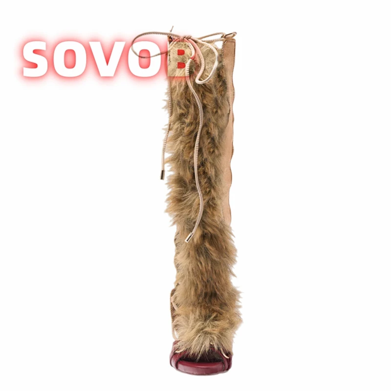 صنادل نسائية ريترو من الفرو الصناعي مع مشبك معدني بمقدمة مدببة وأربطة للركبة صنادل طراز جلاديتور 35-45