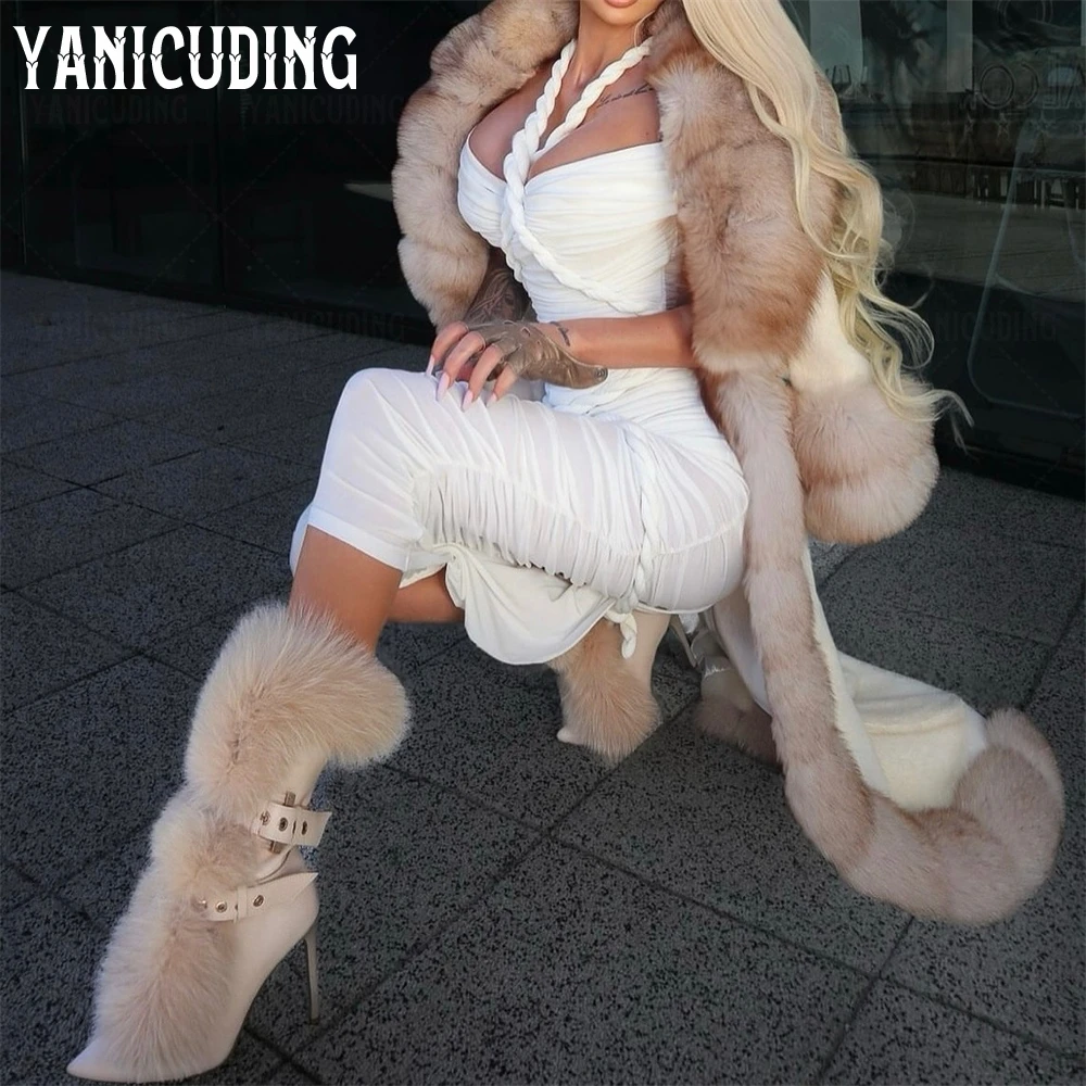 

Fur Ankle Boots Belt Buckles Luxurious Booties Apricot Warm Winter Fur Boots Women High Heel Pointed Toe Modern Boots New Styles