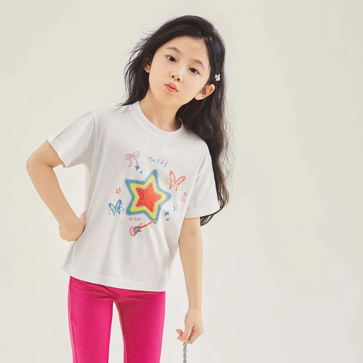 2024 Korean Summer Junior Girl Shoer Sleeve Tops Teenager Girl Five-pointed Star T-Shirt Casual Top Children Girl Cotton Tee