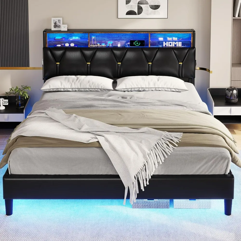 Bed.Full Size Bed Frame with LED Lights & Charging Station, LED Bed Frame Full Size with Headboard Storage, Faux Leather