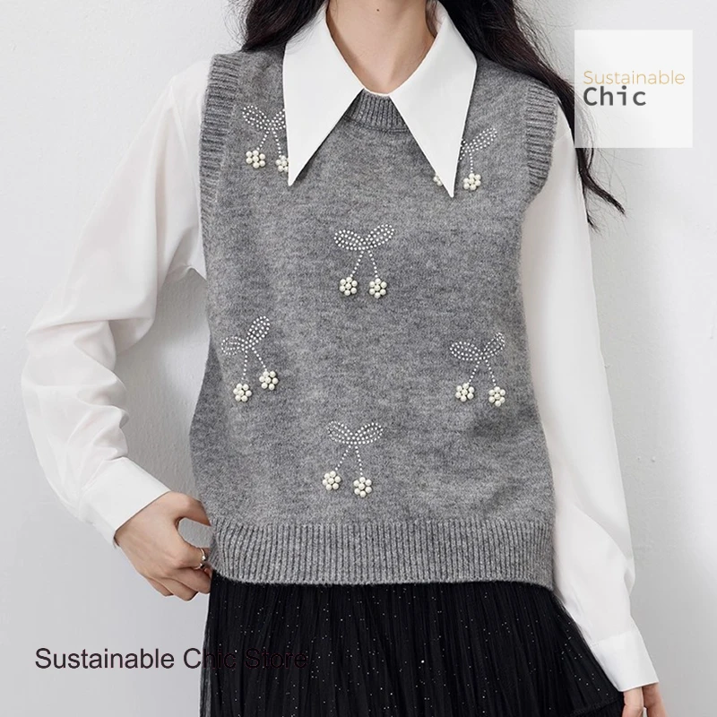 Korean style round neck Korean beaded knit vest women's spring and autumn new embroidered flower vest sleeveless sweater
