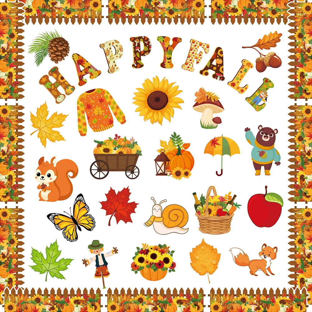 

Autumn Card Paper Sticker Leaves Squirrel Pumpkin Happy Fall Background Wall Decoration Thanksgiving Wall Sticker