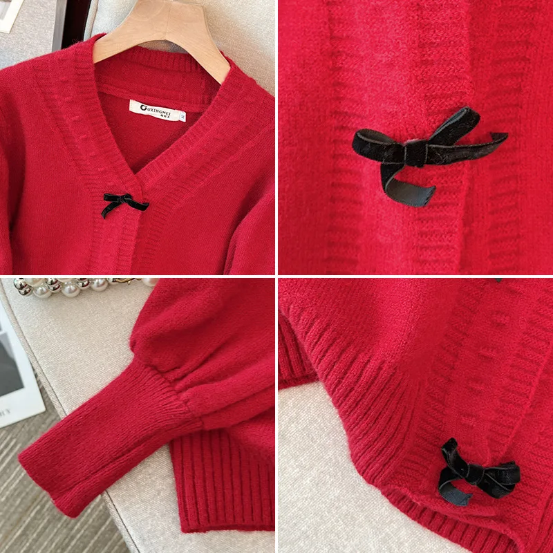 150Kg Plus Size Women\'s Bust 150 Spring Autumn Loose V-Neck Bow Sweater Long Sleeved Knitted Coat Black Red 5XL 6XL 7XL 8XL 9XL