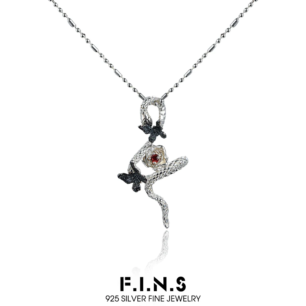 

F.I.N.S Original Retro Dark Butterfly Snake S925 Sterling Silver Necklace Cool Red Zircon Flower Pendant Clavicle Chain Jewelry