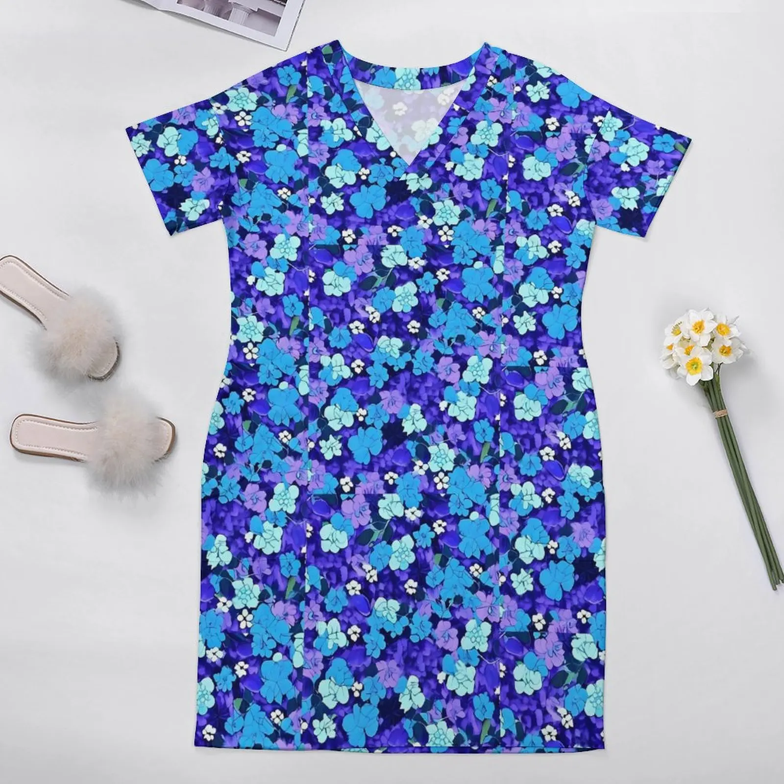 Blaue Blume Kleid V-Ausschnitt ditsy Blumen druck koreanische Mode Kleider Sommer Retro Freizeit kleid Frauen gedruckt große Größe Vestido