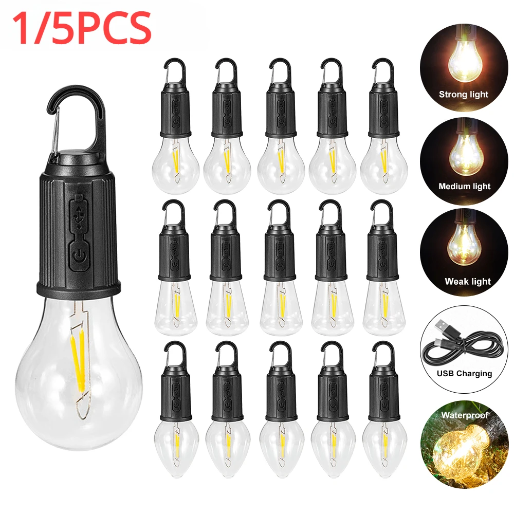 

1/5pcs 3-Modes LED Camping Light Rechargeable Lantern Waterproof Outdoor Flashlight Tent Light with Hook Portable Handheld Lamp