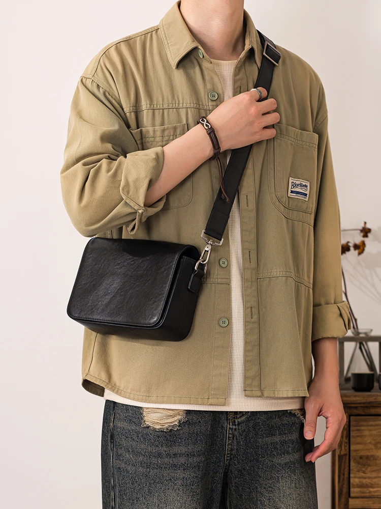 daily work handmade first layer cowhide men's messenger bag Simple casual luxury soft genuine leather teens black shoulder bag