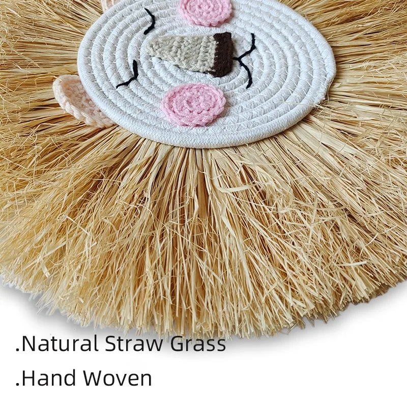 Boho Hand‑Woven Lion Wall Hanging Ornament Straw Raffia Cartoon Animal Head Wall Decor Suitable for Party Scene Decoration
