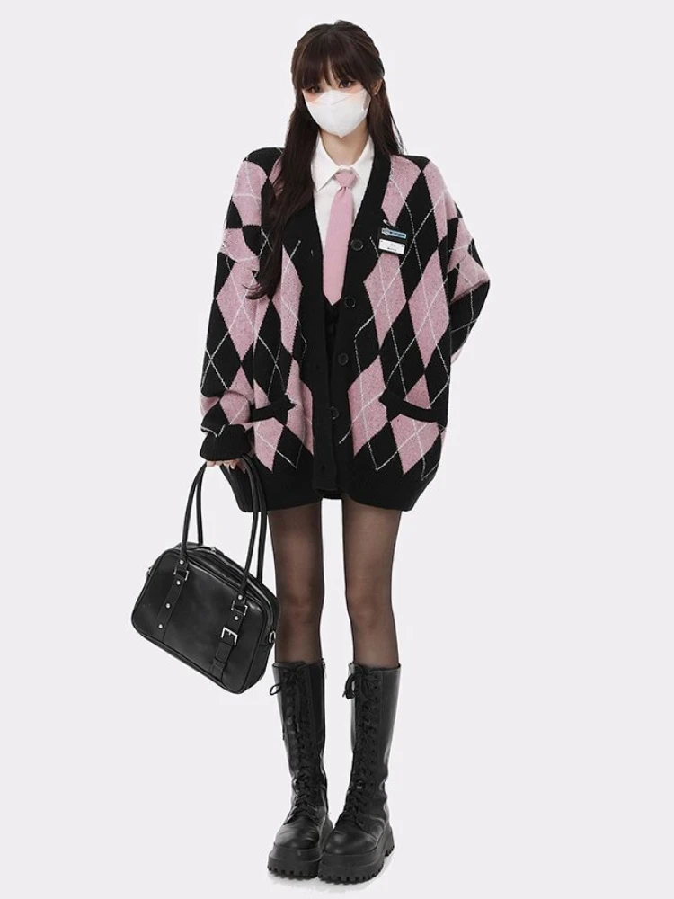 Deeptown Preppy Style Argyle Knitted Cardigan Women Harajuku Sweet Pink Oversized Sweater Retro V-neck Long Sleeve Knitwear Tops