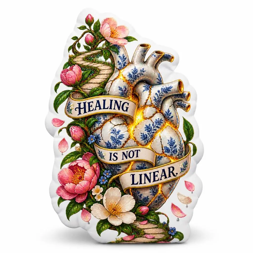 Healing Is Not Linear Kintsugi Anatomical Heart Pillow Recovery Support Throw Cushion Mental Health Encouragement Gift Art