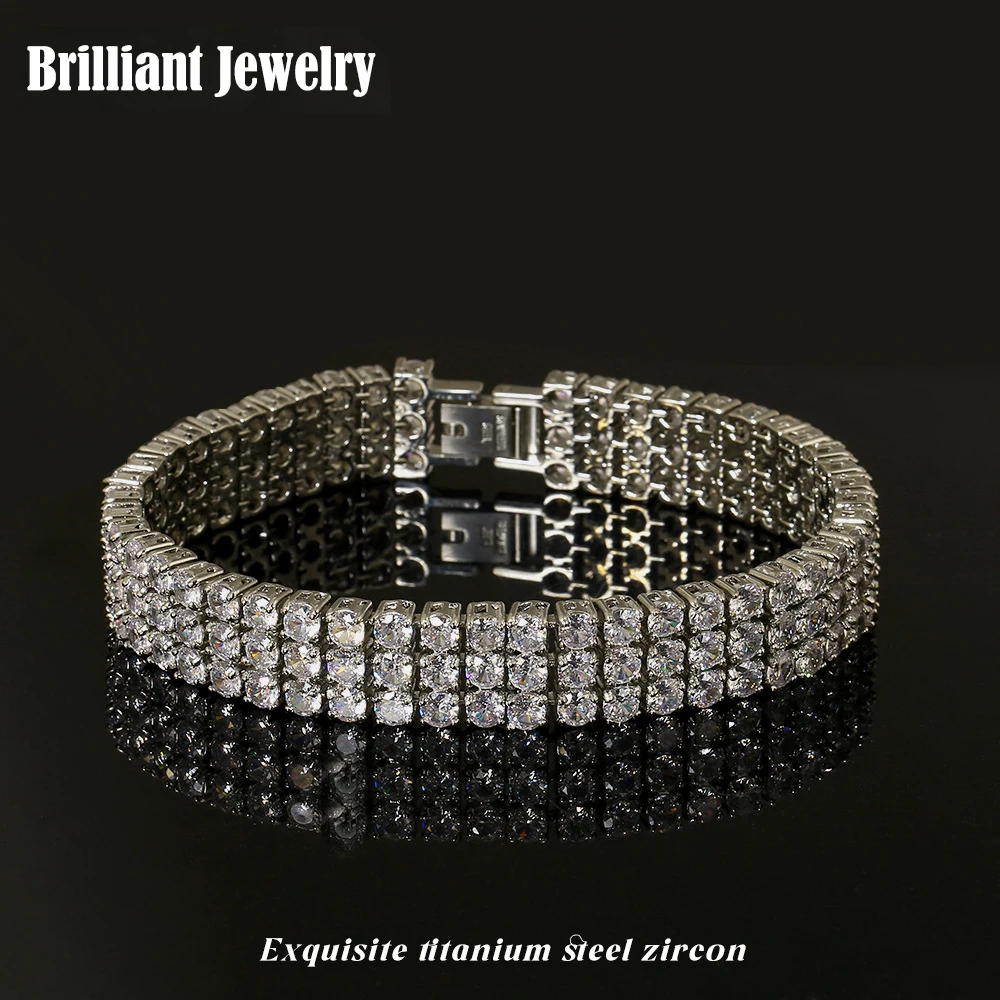 Luxurious Tennis Bracelet Triplex Row AAA Zircon Stone 12mm Stainless Steel 316L High Quality Men Hip Hop Jewelry PVD Never Fade