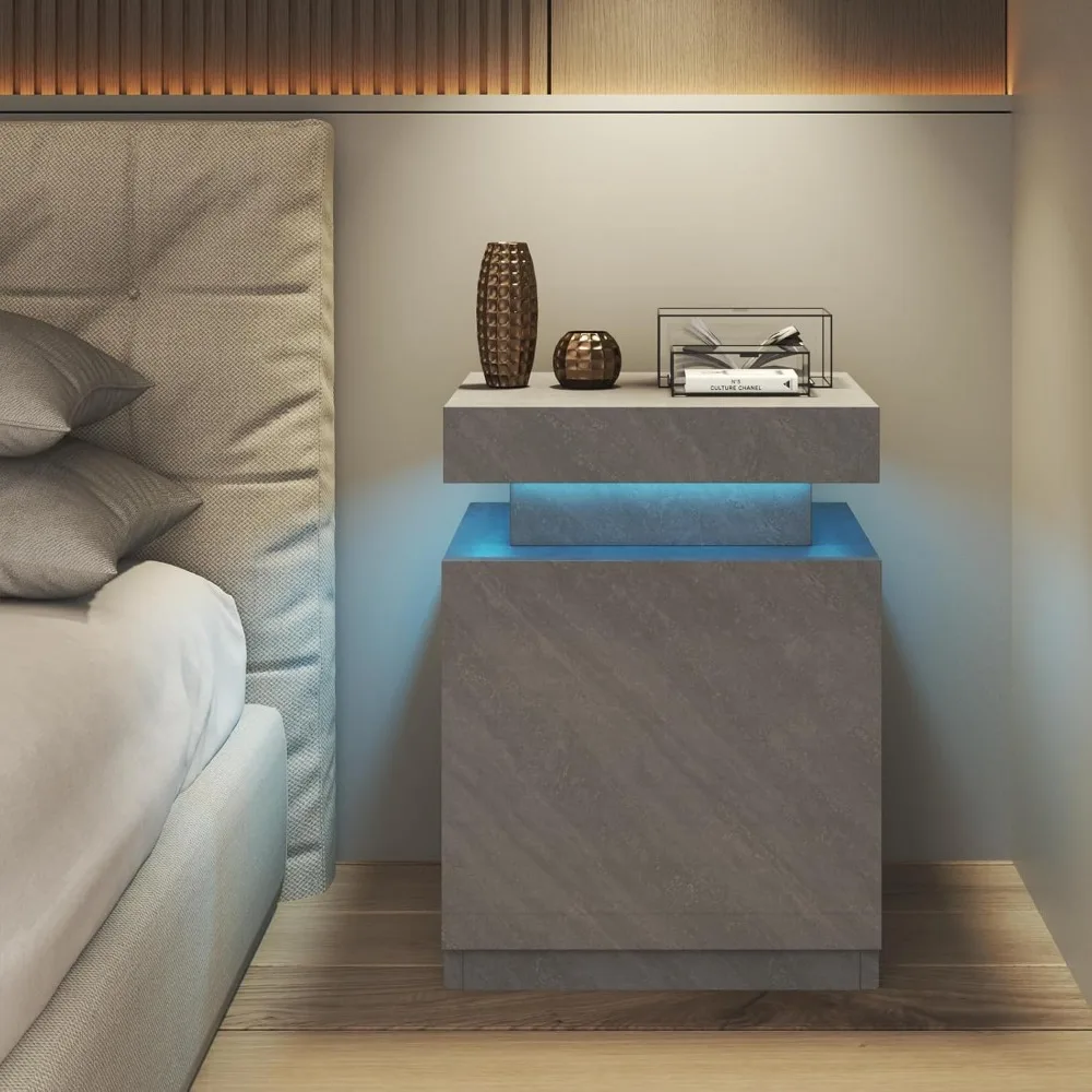 مجموعة منضدة نوم مضيئة بإضاءة LED مكونة من قطعتين مع خزائن تخزين وطاولات بجانب السرير حديثة لإضاءة الليل والتخزين المحسن لذلك #6