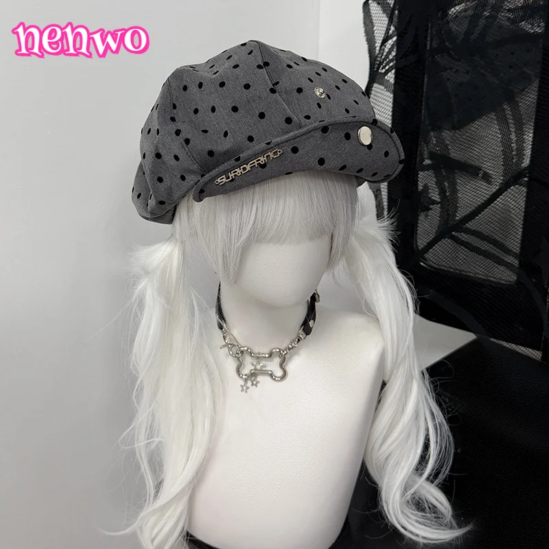 

Оригинальная кепка газетчика в горошек для субкультуры, женская металлическая застежка с вышивкой букв, шляпа в стиле ретро с большой окружностью головы