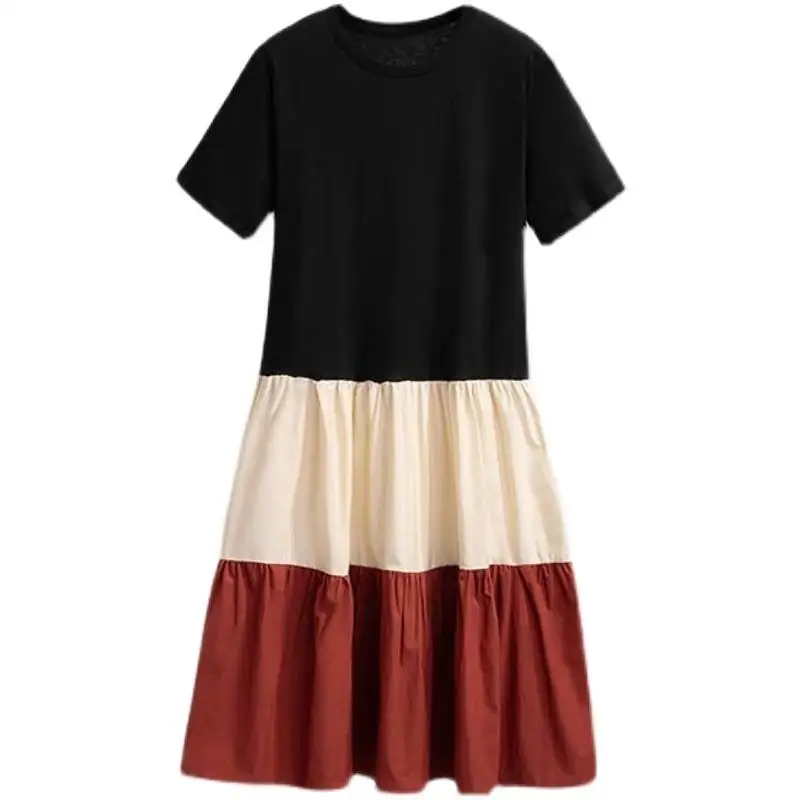 Patchwork Tshirt Dress mid Length Casual Style High Waist A-Line Skirt Short Sleeve round Neck for Female Students