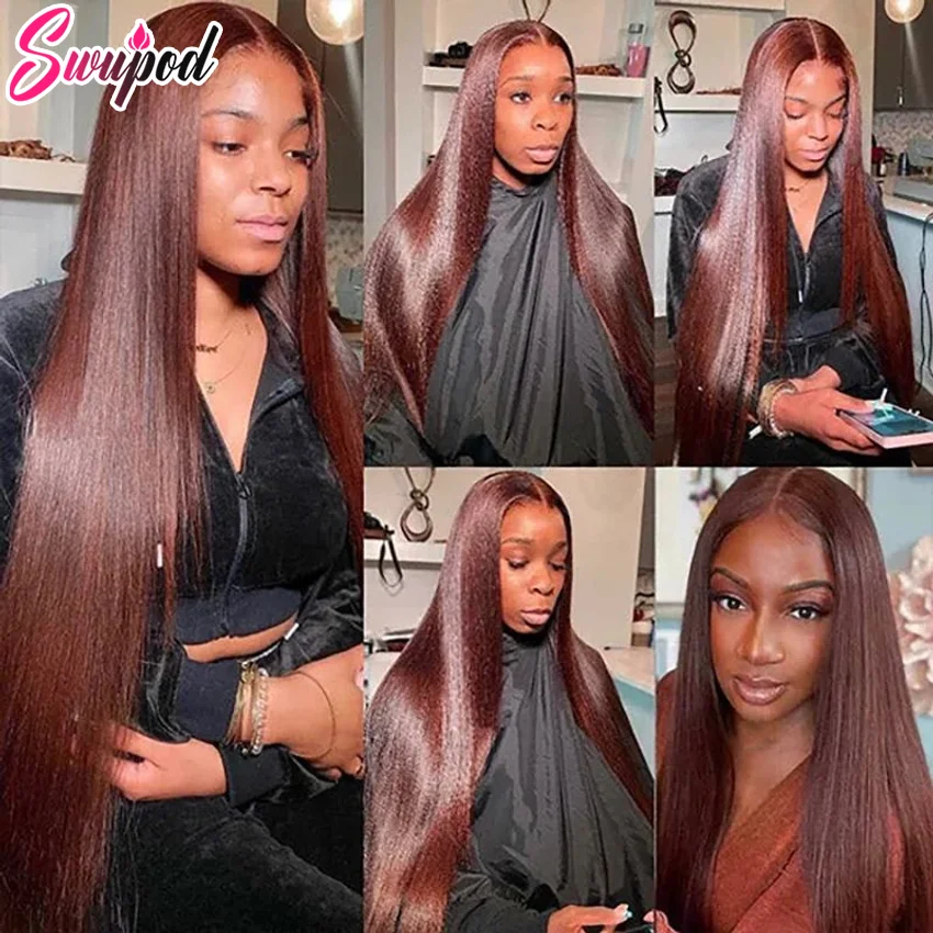 Swupod 13x4 13x6 200 Density Transparent HD Lace Front Wig for Women Straight Remy Human Hair 33# Medium Brown Color Glueless