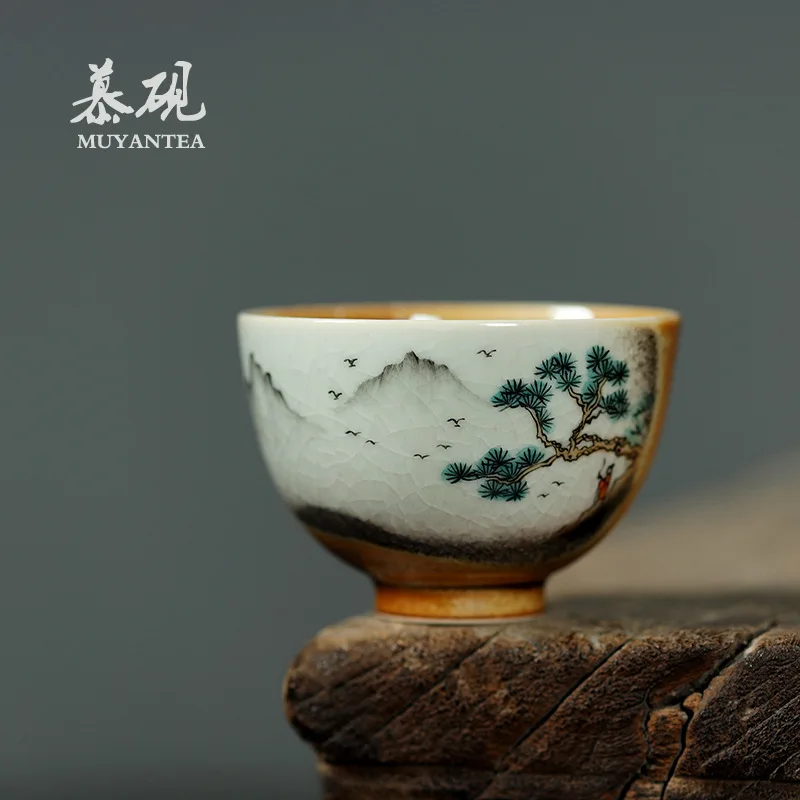 

Керамическая чашка для чая Кунг-фу Mu Yan Firewood Shino Master, ручной работы, ручная роспись, пейзажный дизайн, открытая форма, японская, одиночная