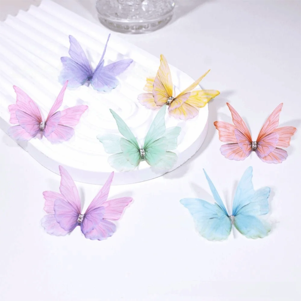 50Pcs 3D Organza Fabric Butterfly Appliques Colorful Translucent Chiffon Butterfly Embroidered Patches Double-layer