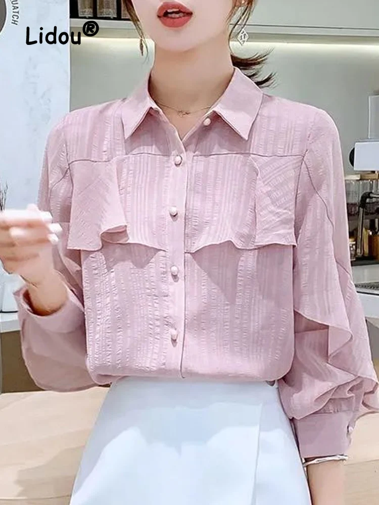 

Elegance Offiice Solid Color Ruffles Single-breasted Chiffon Blouse Women New Long Sleeve Turn-down Collar Temperament Top 2022