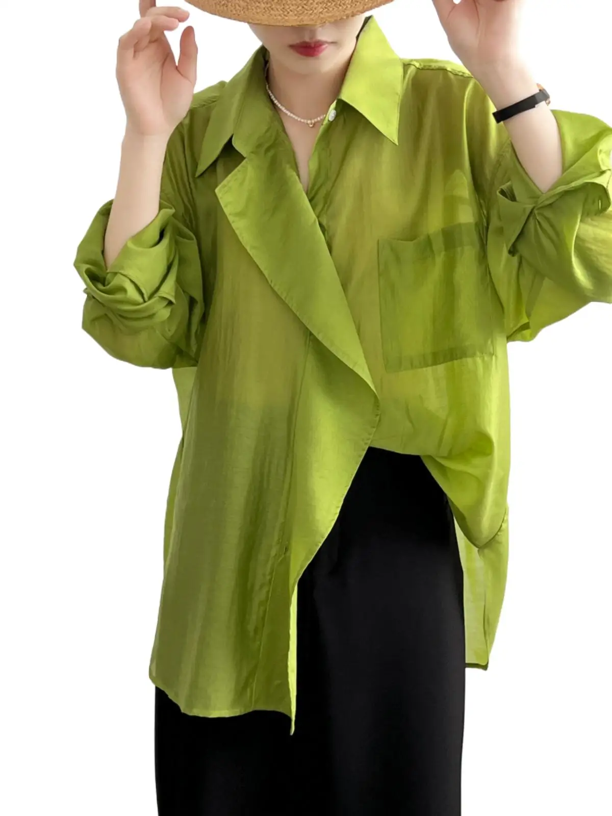 korean retro lapel rayon shirt,oversize Thin silk blouse Elegant Office Women Lyocell Top Plus size clothes 2XL Avocado green